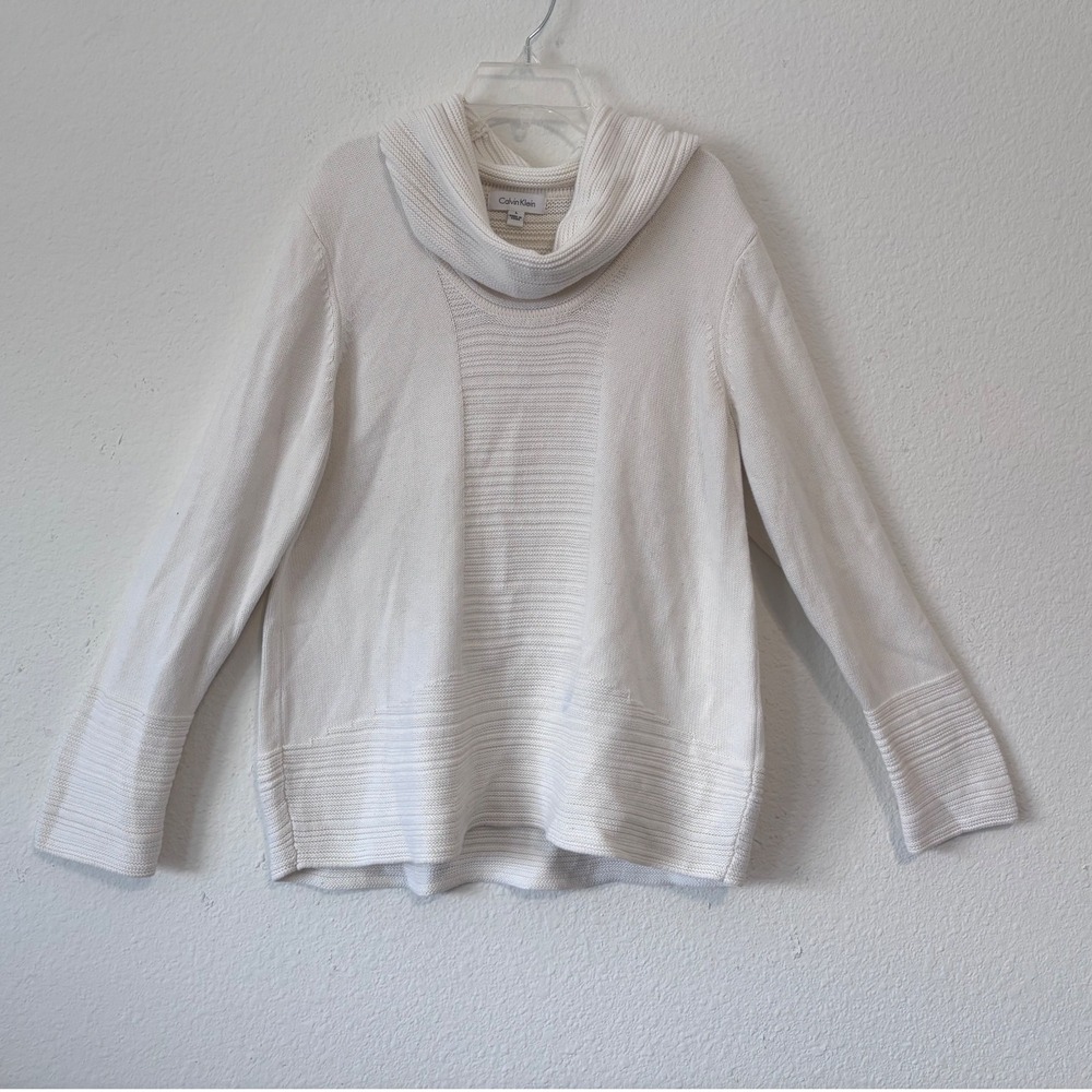 Calvin Klein Sweater Large Womens Cream‎ Cowl Neck Long Sleeve Knit Top